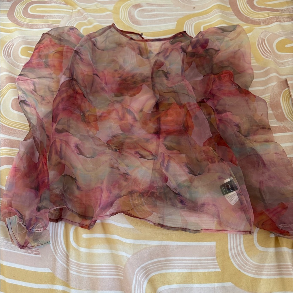 SHEIN Red and Pink Ruffled Long Sleeve Blouse